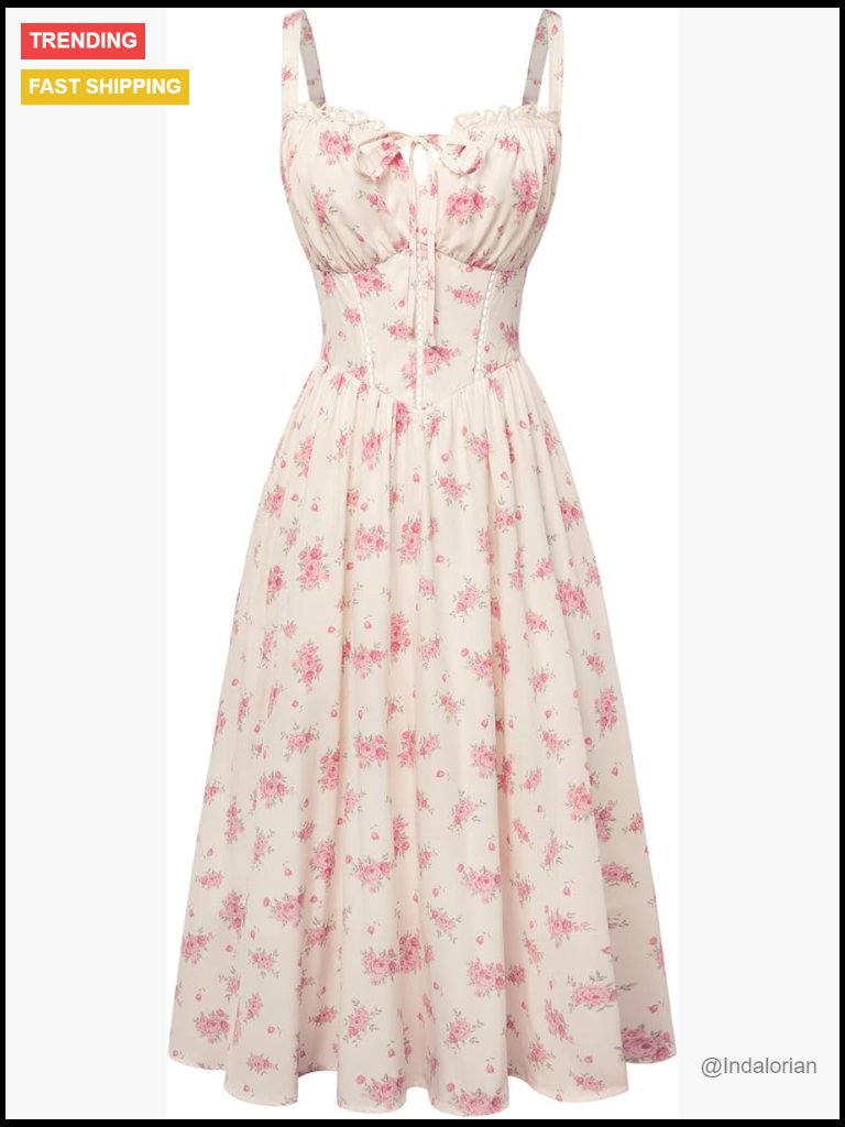 Women Floral Corset Dress Summer Milkmaid Sundress With Pockets Midi Length